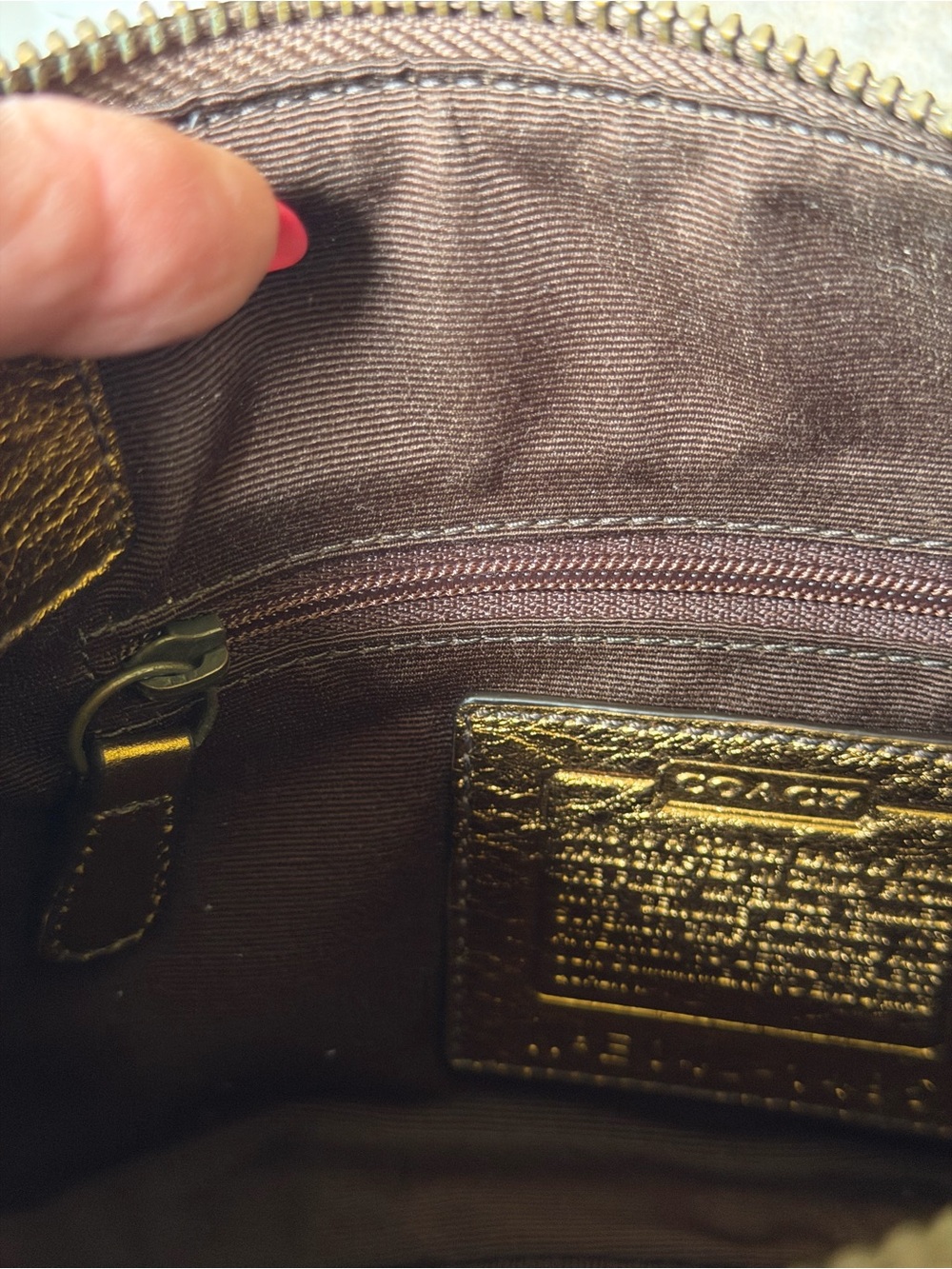 Coach Brown Signature Canvas Shoulder Bag with Metallic Bronze Leather Accents - Picture 13 of 16